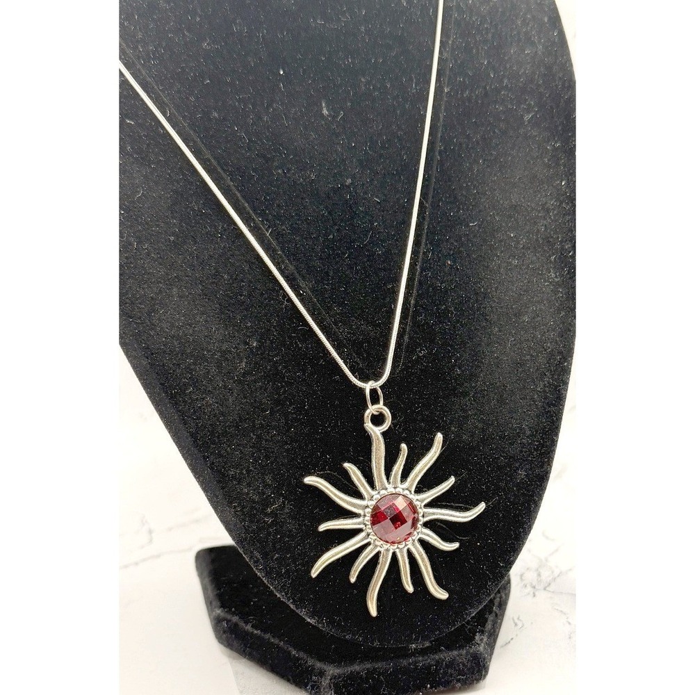 Silver Sunburst Pendant Necklace Red Rhinestone Statement 16-19"